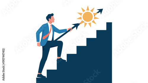 A determined businessman climbing the corporate ladder towards success and growth