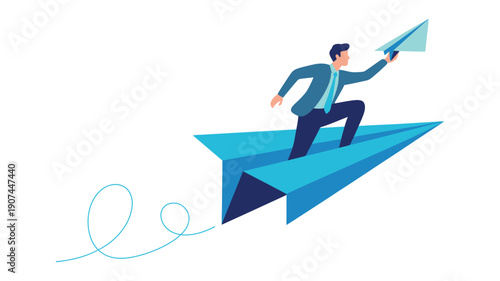 A businessman rides on a blue paper airplane, soaring through the sky, symbolizing ambition and progress.