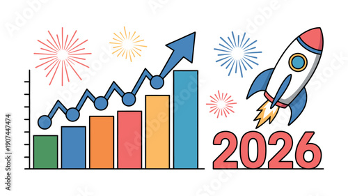 A rocket launches upwards with a bar graph showing growth and fireworks in the background, symbolizing success and the year 2026.
