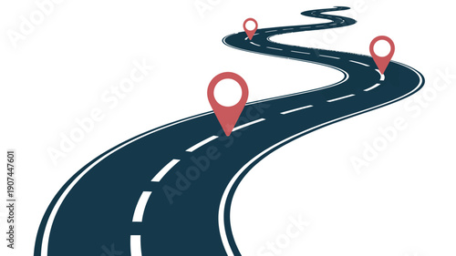 A winding road with navigational markers indicates a journey or destination.