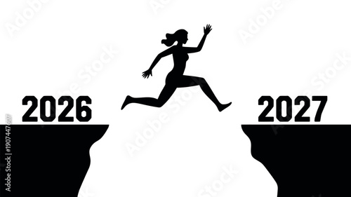 Silhouette of a woman leaping across a chasm from 2026 to 2027, symbolizing progress.