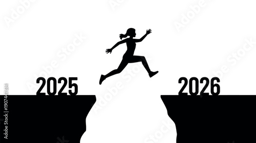 A silhouetted woman leaps across a gap between the years 2025 and 2026, symbolizing progress and the future.