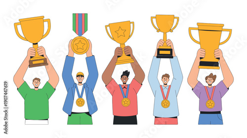 Diverse group of people proudly holding up trophies and medals signifying achievement and victory.