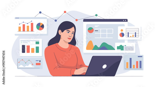 A woman works diligently at her laptop, surrounded by various digital charts and graphs illustrating data.
