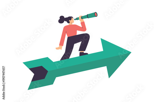 A person looks through a telescope while standing on a forward-pointing arrow, symbolizing future direction and vision.