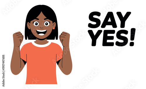 A young person enthusiastically says yes with a smile and clenched fists.