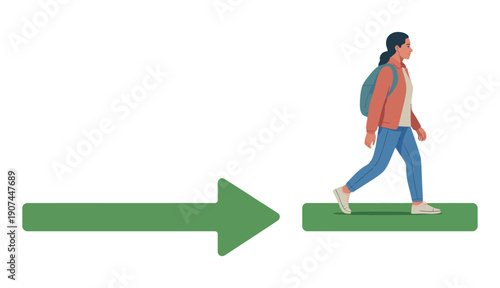 A person with a backpack steps across a gap on a green platform, moving forward.