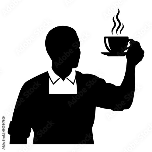 Silhouette of barista proudly presenting a freshly prepared hot steaming beverage