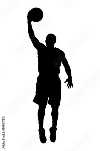 Silhouette of basketball player jumping high attempting a layup shot
