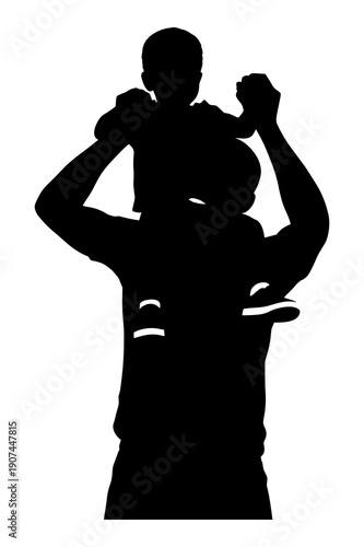 Father proudly carries happy young child on his shoulders outdoors silhouette