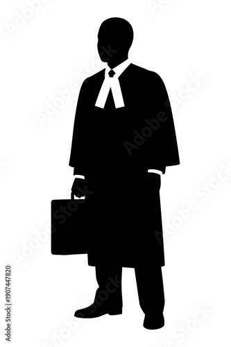 Silhouette of barrister in traditional robes holding briefcase ready for court