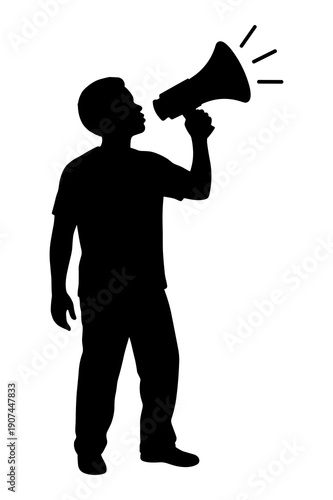 Silhouette of person loudly making an announcement using a megaphone