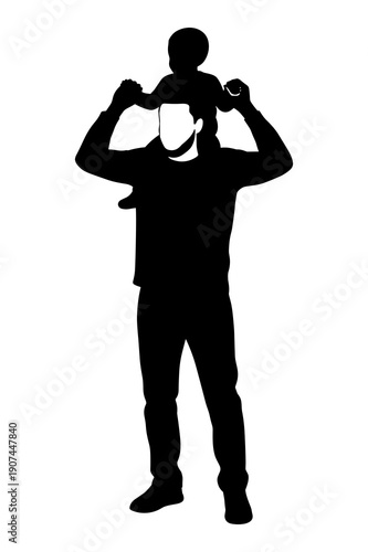 Father carrying small child on shoulders in black and white silhouette
