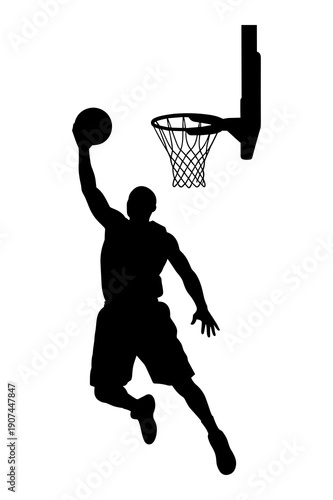 Silhouette of a basketball player making a powerful slam dunk shot