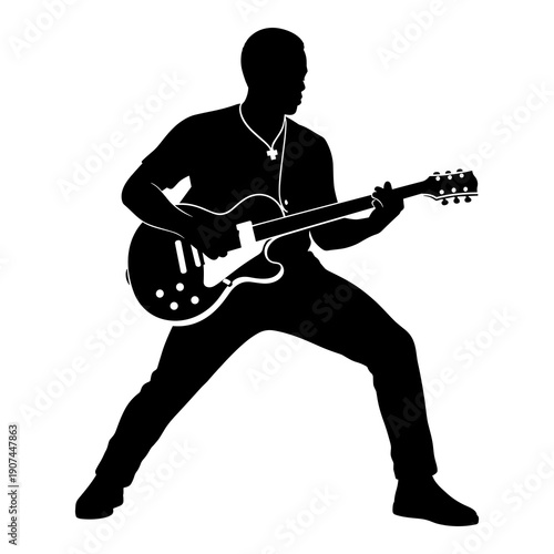 Silhouette of energetic guitarist performing live music with an electric guitar