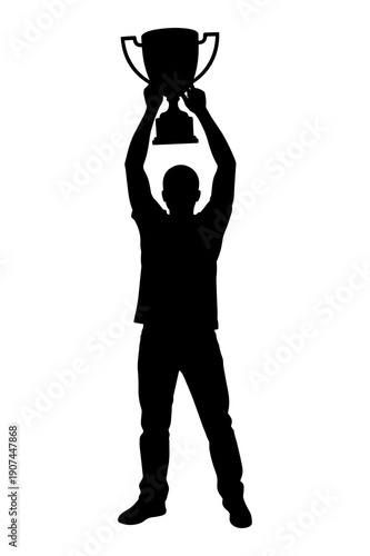 Silhouette of champion raising large trophy high above head in victory