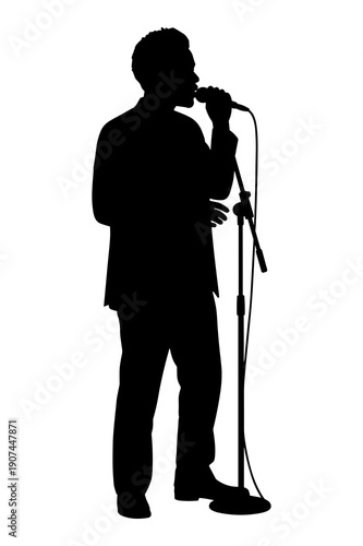 Silhouette of male vocalist singing passionately into microphone during live performance