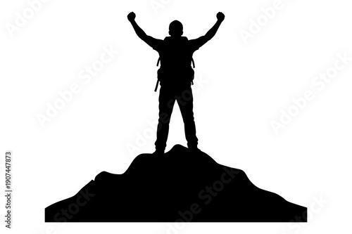 Hiker silhouette celebrating triumph reaching mountain summit after challenging climb