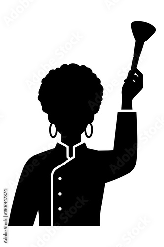 Silhouette of woman with natural hair sounding a small horn signaling announcement