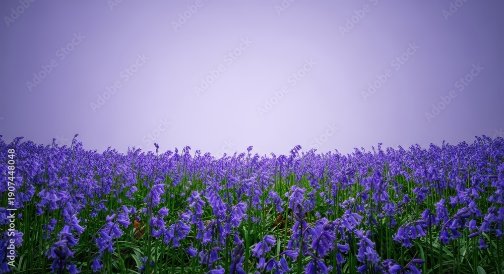 Obraz premium A dense carpet of purple-blue bluebell flowers covers the forest floor, signifying the arrival of springtime and woodland awakening, seasonal, detailed, Flower
