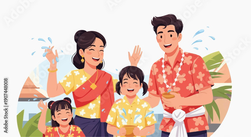Happy family celebrating traditional festival with joyful expressions,  Songkran, Thai New Yea 