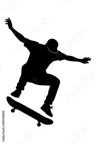 Silhouette of skateboarder performing aerial trick high above the ground