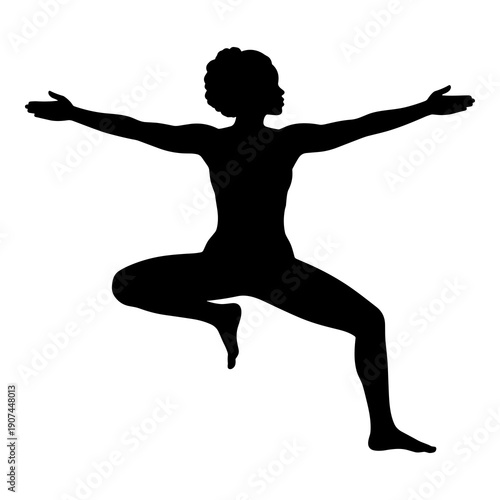 Black woman silhouette performing powerful warrior two yoga pose exercise