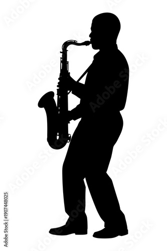 Silhouette of a musician powerfully playing a saxophone during a live performance