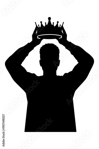 Silhouette of a person placing a royal crown upon their head symbolizing leadership