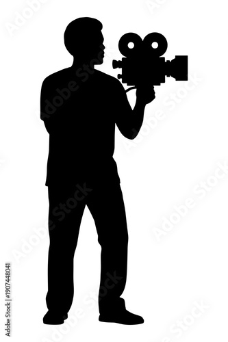 Silhouette of a filmmaker holding a vintage movie camera ready to shoot