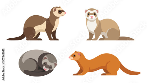 Cartoon Ferrets Set: Adorable Domestic Animals in Various Poses. Vector Illustrations on White Background.