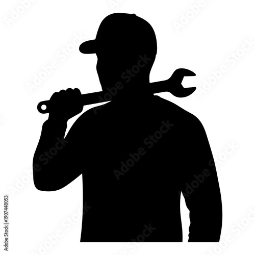 Silhouette of a skilled mechanic wearing a cap holding a wrench