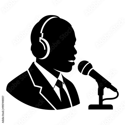 Silhouette of broadcaster wearing headphones speaking into professional microphone icon