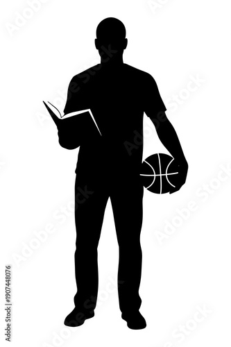 Silhouette of basketball coach holding playbook and game ball instructions