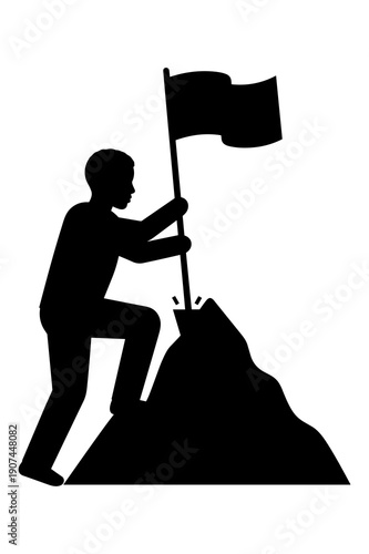 Silhouette of person planting flag marking successful achievement atop mountain peak