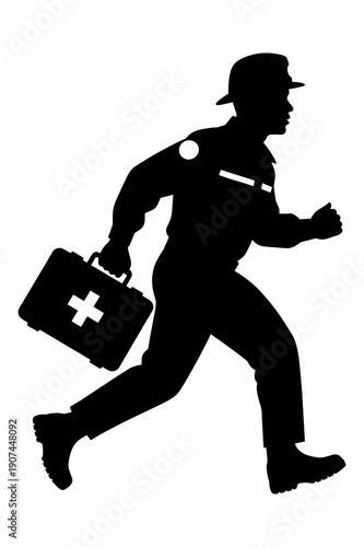Silhouette of emergency medical worker running quickly with first aid kit