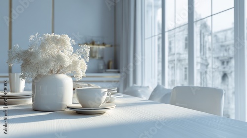 Wallpaper Mural Elegant dining table setup with white floral centerpiece and cityscape backdrop Torontodigital.ca