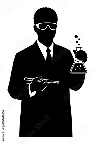 Scientist silhouette holding beaker and stirring rod performing chemistry experiment