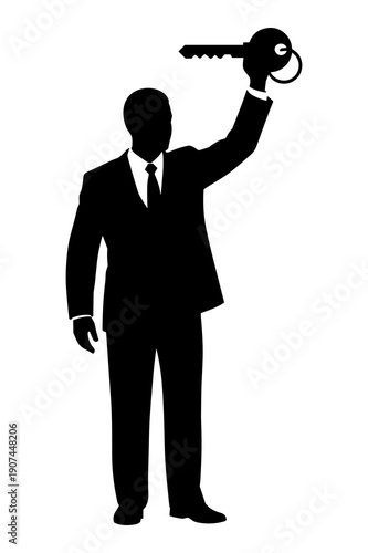 Businessman silhouette holding up large key in gesture of success
