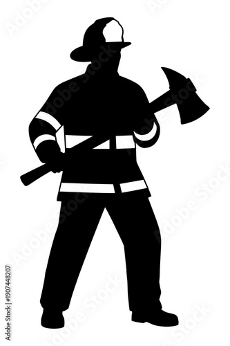 Silhouette of a brave firefighter holding an axe ready for emergency rescue
