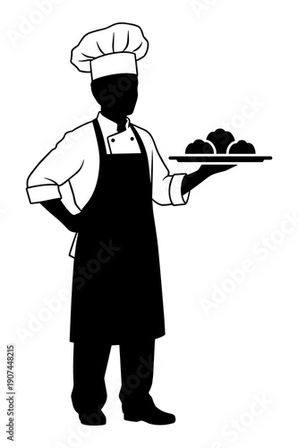 Silhouette of a professional chef proudly presenting freshly baked pastries on a tray