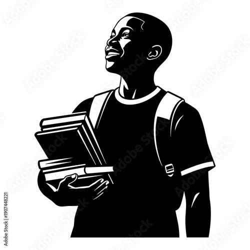 Young student looking upwards holding stack of heavy books with backpack