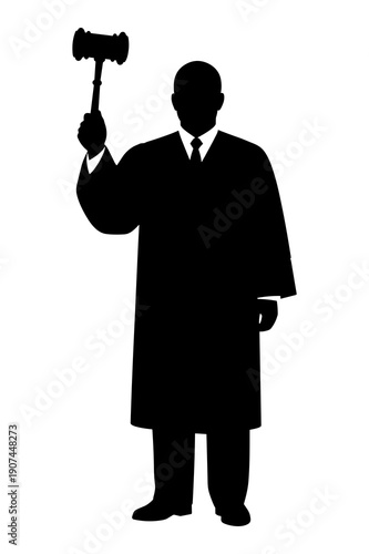 Silhouette of auctioneer or judge holding a gavel firmly overhead