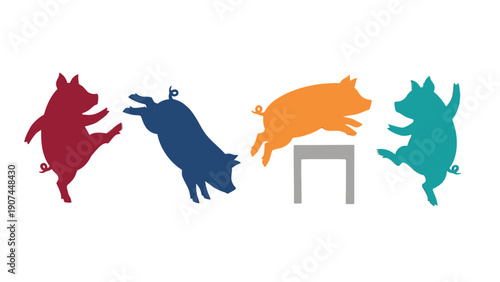 Playful colorful pig silhouettes jumping and dancing, active farm animals, graphic illustration on white background