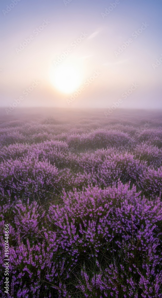 Obraz premium Ethereal scene of a vast purple heather field blooming under a heavy blanket of cool, mysterious morning fog and soft sunlight, peaceful, beauty, flora