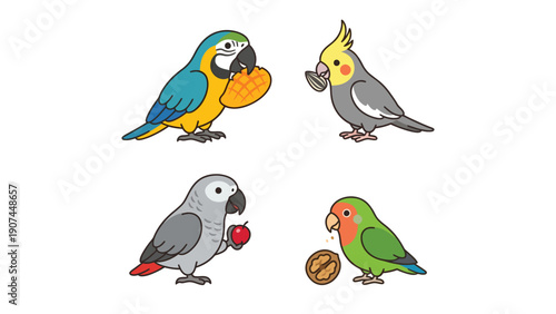 Adorable Cartoon Parrots and Exotic Birds Eating Snacks - Vector Illustration Set