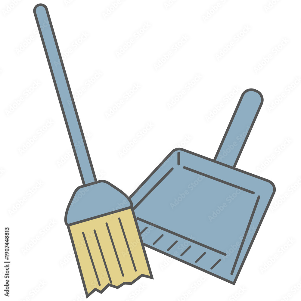 Fototapeta premium 塵取りとホウキのシンプルなイラスト素材（掃除・清掃用品・ブルー）