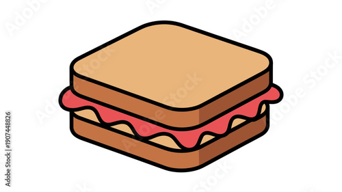A cartoon illustration of a sandwich with a brown bun and pink filling on a white background