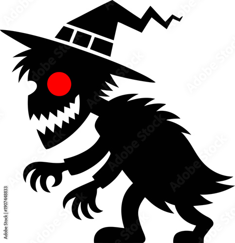 Black scary monster silhouette with red eyes and witch hat, vector illustration for Halloween, isolated on white