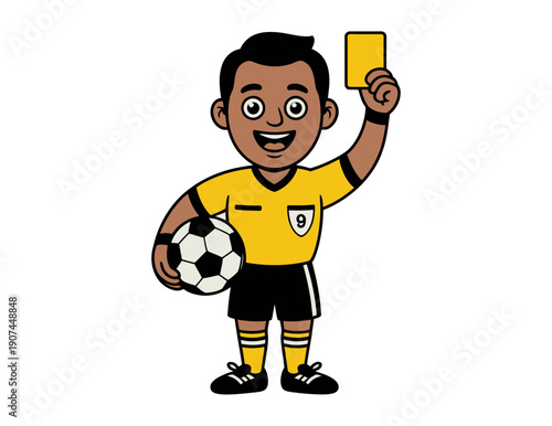 A cartoon referee holding a soccer ball and a yellow card in a cheerful illustration